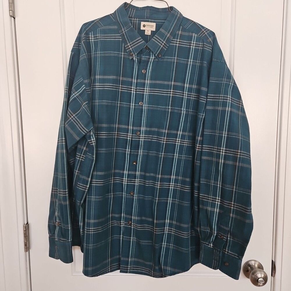 Haggar Dress‎ Shirt Mens Size XXL Teal White Plaid   Button Down Preppy Casual